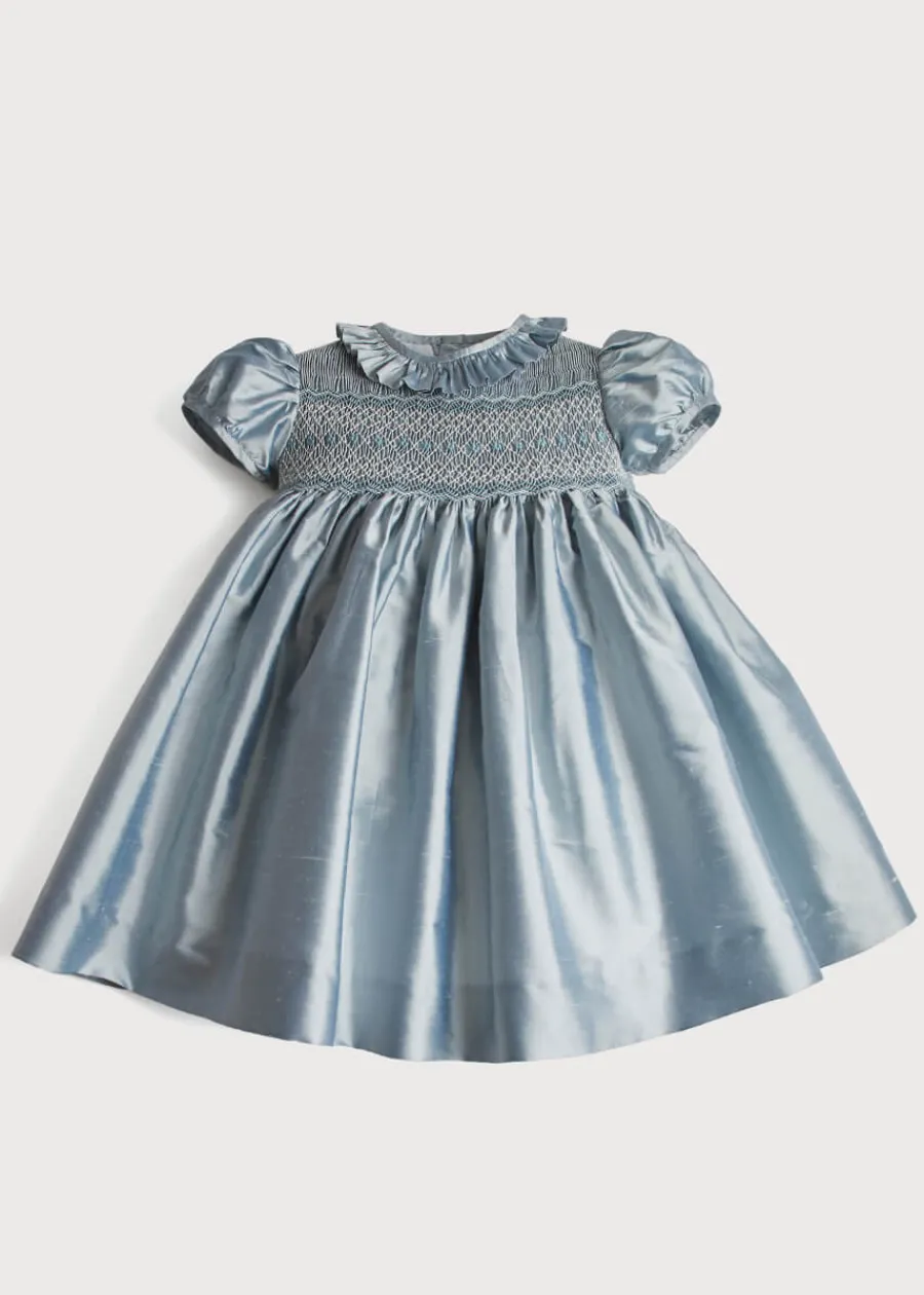 Pepa London Girls Silk Hand Smocked Celebration Dress in Blue (6mths-10yrs)