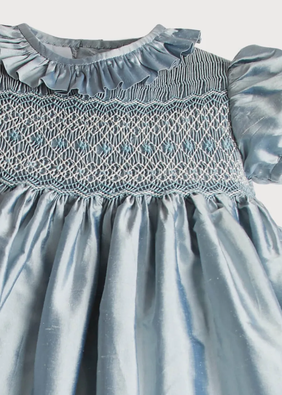 Pepa London Girls Silk Hand Smocked Celebration Dress in Blue (6mths-10yrs)