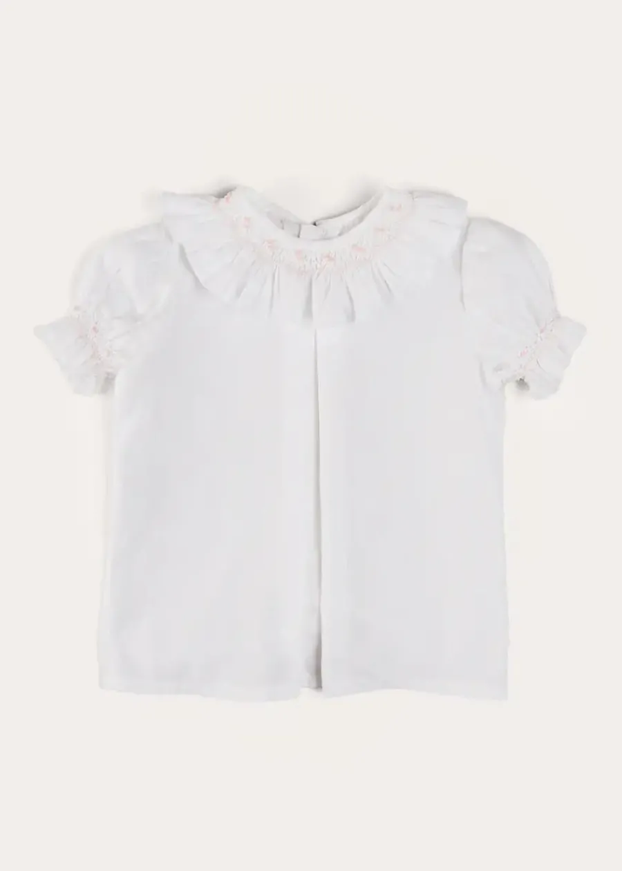 Pepa London Hand Smocked Collar Short Sleeve Blouse in White (18mths-6yrs)