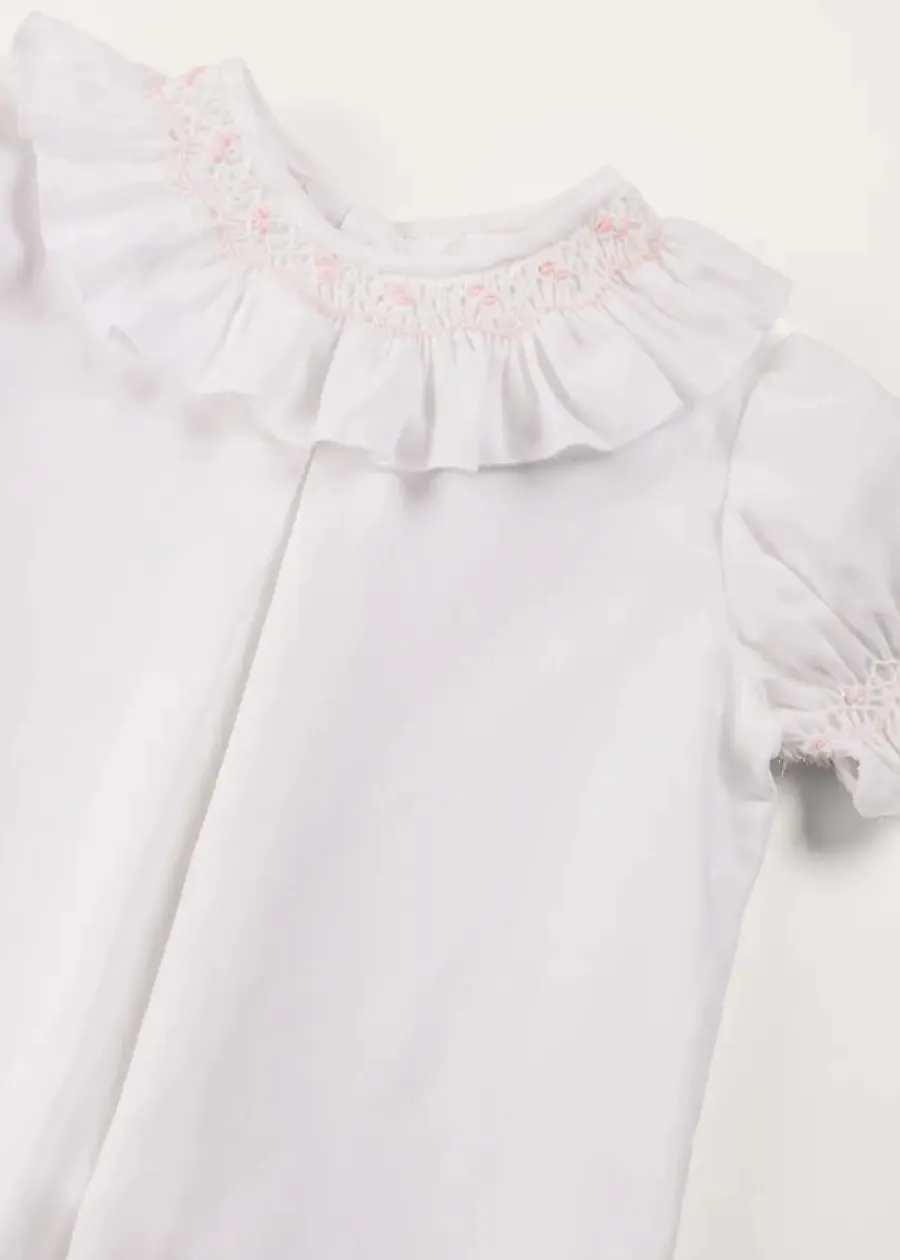 Pepa London Hand Smocked Collar Short Sleeve Blouse in White (18mths-6yrs)