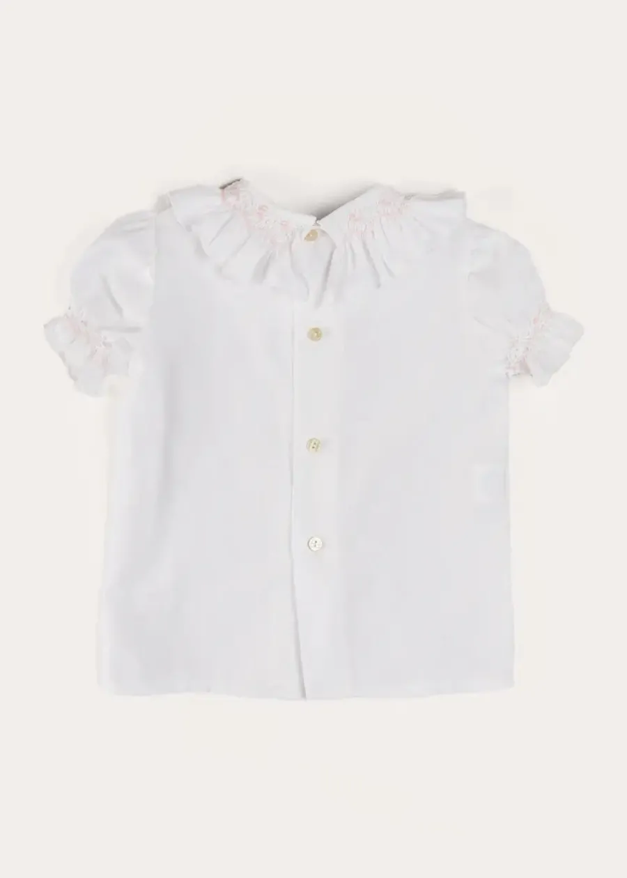 Pepa London Hand Smocked Collar Short Sleeve Blouse in White (18mths-6yrs)