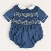 Pepa London Hand Smocked Peter Pan Collar Short Sleeve Romper in Royal Blue (6mths-2yrs)