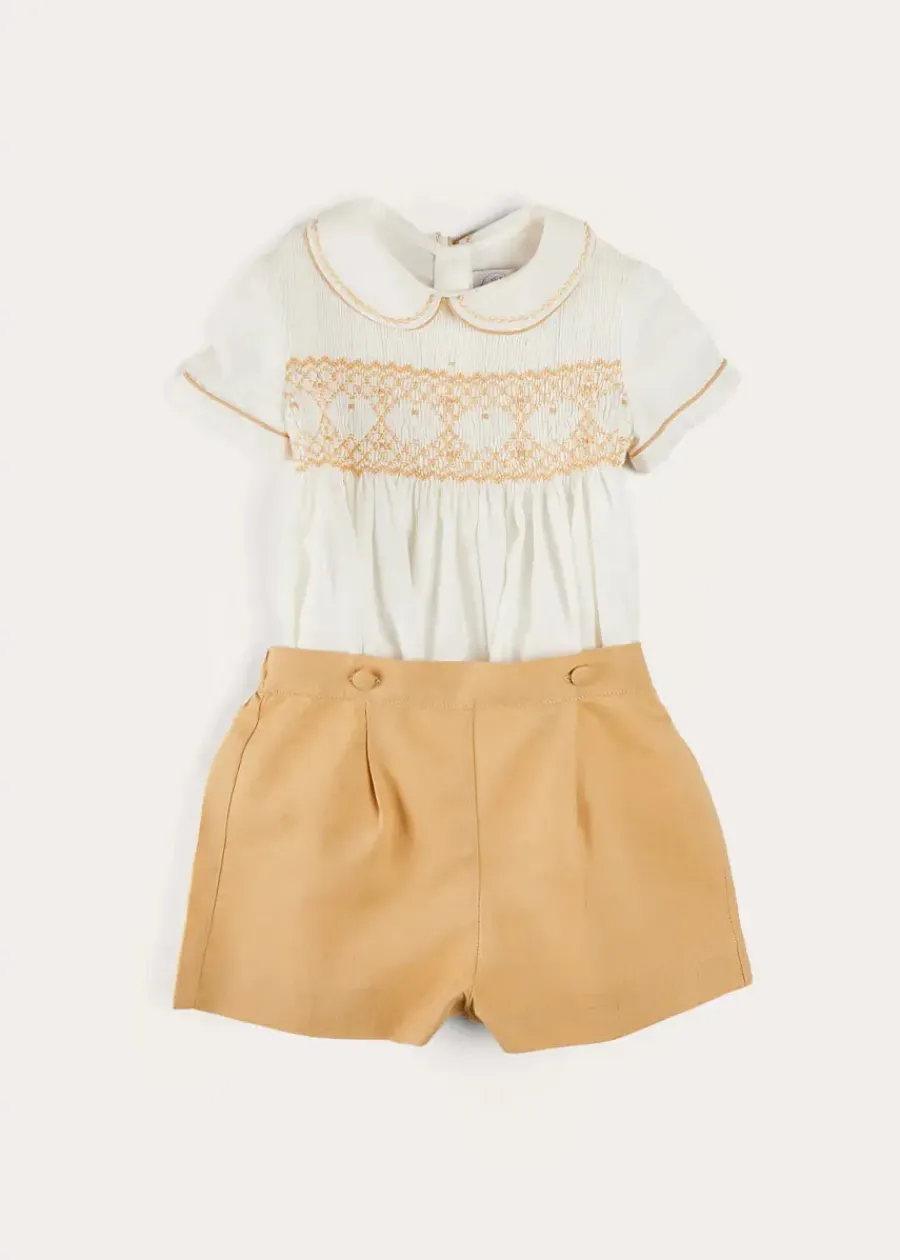 BOY Pepa London Hand Smocked Peter Pan Collar Short Sleeve Two Piece Set in Beige (18mths-6yrs)