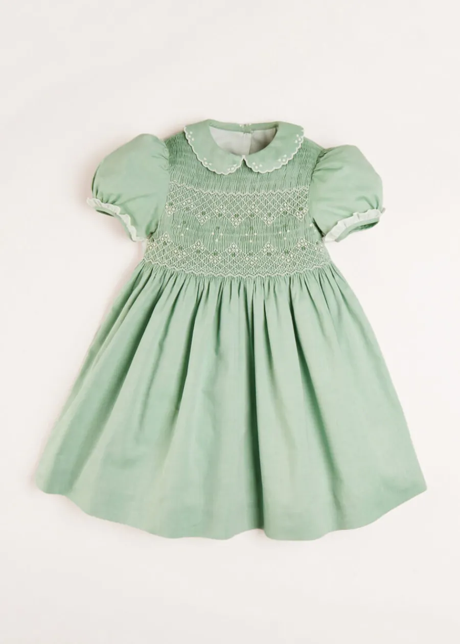 Pepa London Hand Smocked Peter Pan Collar Short Sleeve Dress in Green (12mths-10yrs)