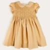 Pepa London Hand Smocked Peter Pan Collar Short Sleeve Dress in Beige (12mths-10yrs)