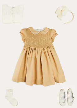 Pepa London Hand Smocked Peter Pan Collar Short Sleeve Dress in Beige (12mths-10yrs) | Openwork Cotton Cardigan in Cream (6mths-10yrs) | Girls Ivory Leather Mary Jane Shoes (20-34EU) | Traditional Big Bow Tulle Hairband in Ivory | Celebration Short Socks with Ruffle- Cream (0mths-10yrs) | Tulle Long Bow Clip In Cream