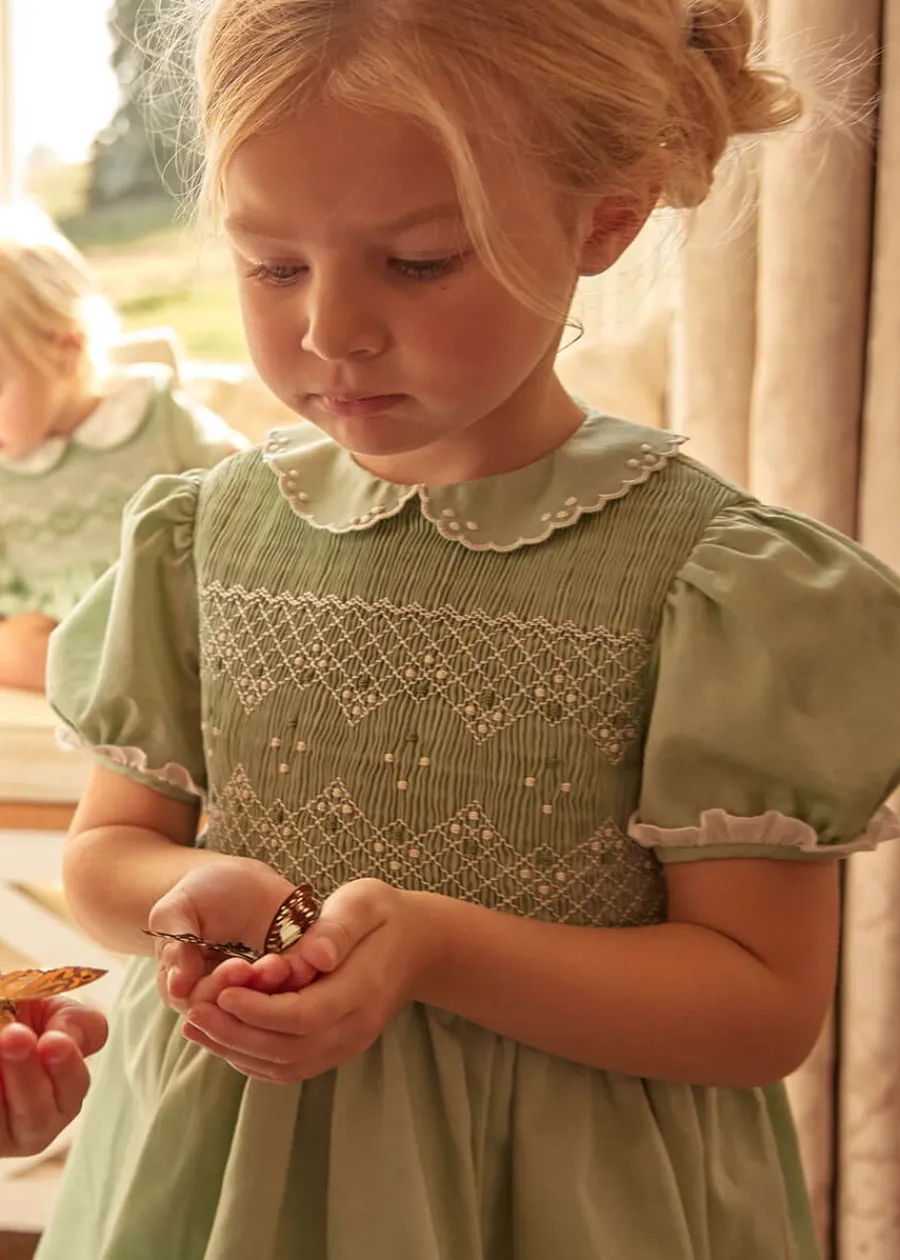 Pepa London Hand Smocked Peter Pan Collar Short Sleeve Dress in Green (12mths-10yrs)