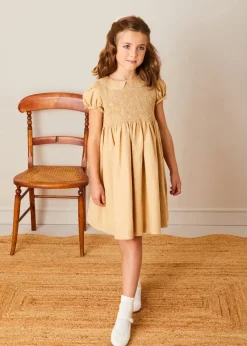 Pepa London Hand Smocked Peter Pan Collar Short Sleeve Dress in Beige (12mths-10yrs)