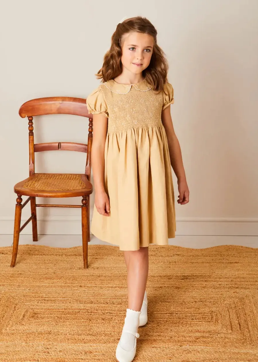 Pepa London Hand Smocked Peter Pan Collar Short Sleeve Dress in Beige (12mths-10yrs)
