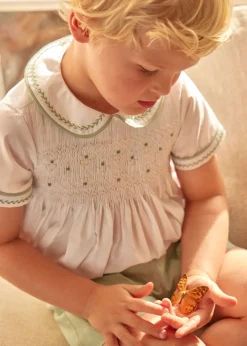 BOY Pepa London Hand Smocked Peter Pan Collar Short Sleeve Two Piece Set in Green (18mths-6yrs)