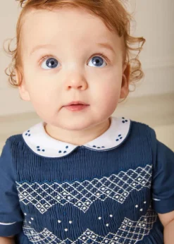 Pepa London Hand Smocked Peter Pan Collar Short Sleeve Romper in Royal Blue (6mths-2yrs)