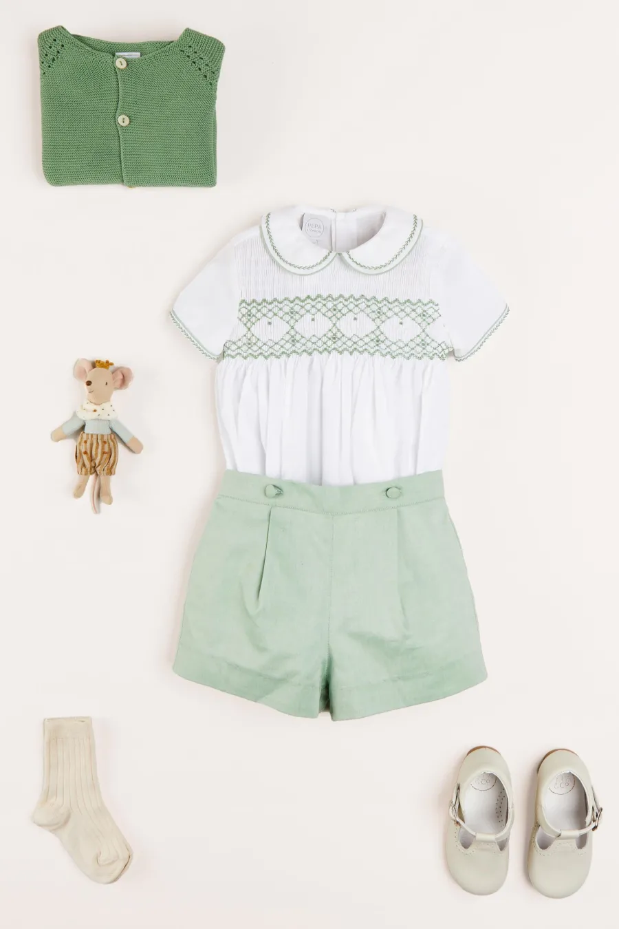 BOY Pepa London Hand Smocked Peter Pan Collar Short Sleeve Two Piece Set in Green (18mths-6yrs)