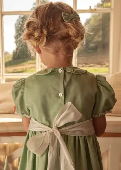 Pepa London Hand Smocked Peter Pan Collar Short Sleeve Dress in Green (12mths-10yrs)