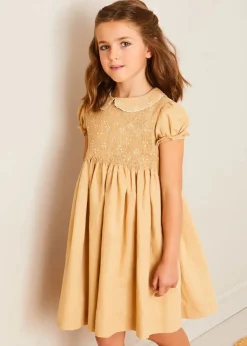 Pepa London Hand Smocked Peter Pan Collar Short Sleeve Dress in Beige (12mths-10yrs)