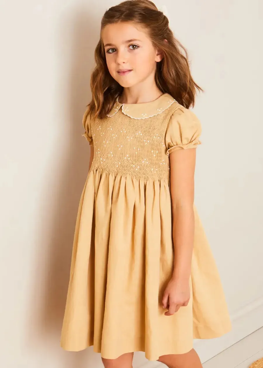 Pepa London Hand Smocked Peter Pan Collar Short Sleeve Dress in Beige (12mths-10yrs)
