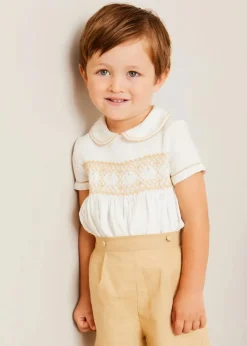 BOY Pepa London Hand Smocked Peter Pan Collar Short Sleeve Two Piece Set in Beige (18mths-6yrs)