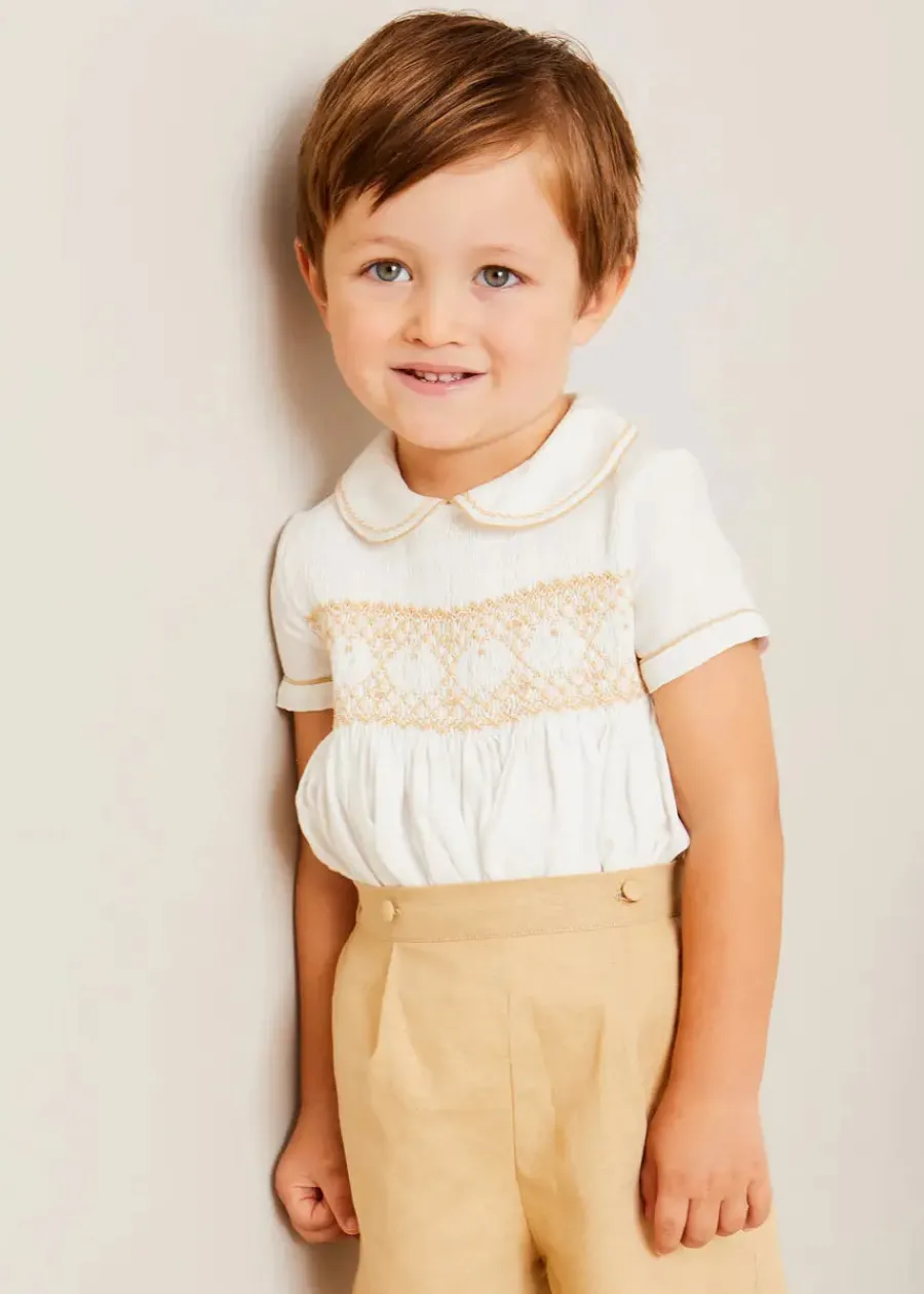 BOY Pepa London Hand Smocked Peter Pan Collar Short Sleeve Two Piece Set in Beige (18mths-6yrs)