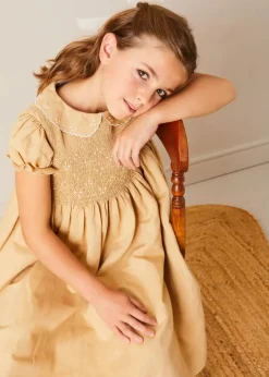 Pepa London Hand Smocked Peter Pan Collar Short Sleeve Dress in Beige (12mths-10yrs)