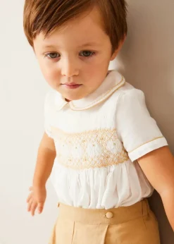 BOY Pepa London Hand Smocked Peter Pan Collar Short Sleeve Two Piece Set in Beige (18mths-6yrs)