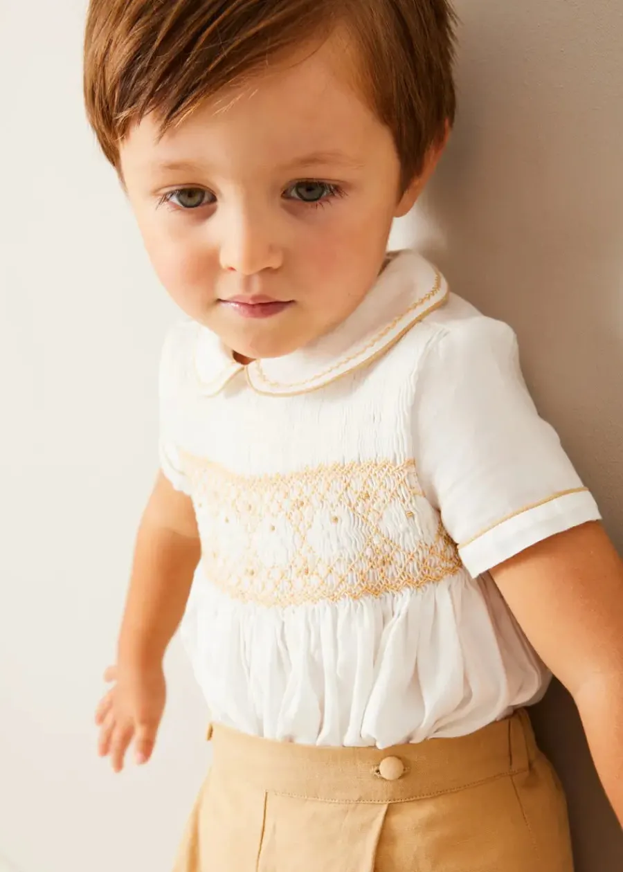 BOY Pepa London Hand Smocked Peter Pan Collar Short Sleeve Two Piece Set in Beige (18mths-6yrs)