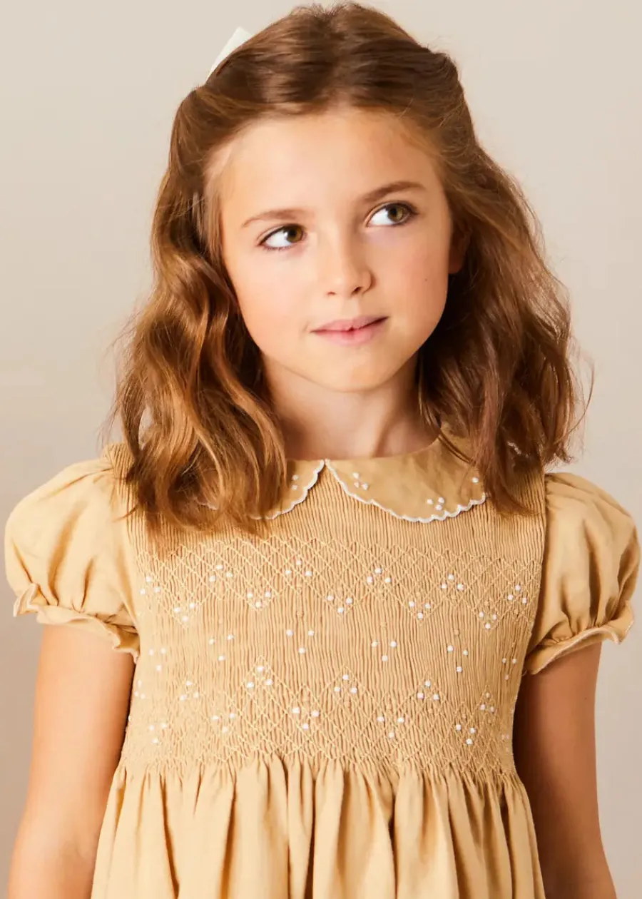 Pepa London Hand Smocked Peter Pan Collar Short Sleeve Dress in Beige (12mths-10yrs)