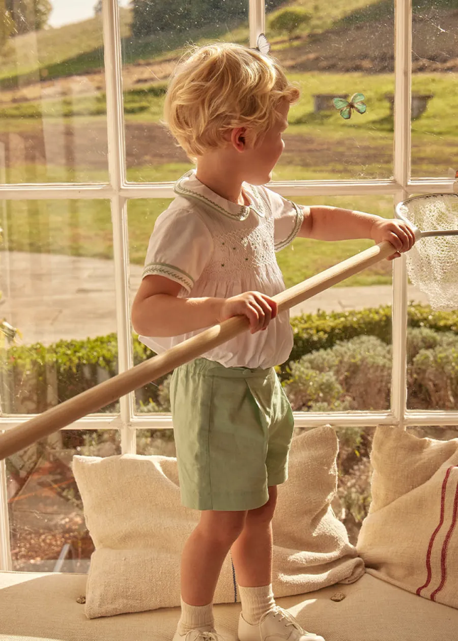 BOY Pepa London Hand Smocked Peter Pan Collar Short Sleeve Two Piece Set in Green (18mths-6yrs)