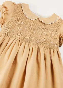 Pepa London Hand Smocked Peter Pan Collar Short Sleeve Dress in Beige (12mths-10yrs)