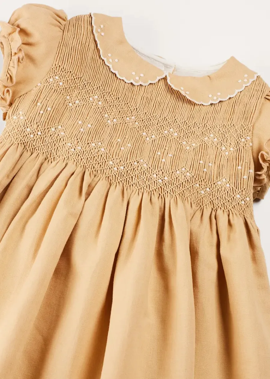 Pepa London Hand Smocked Peter Pan Collar Short Sleeve Dress in Beige (12mths-10yrs)