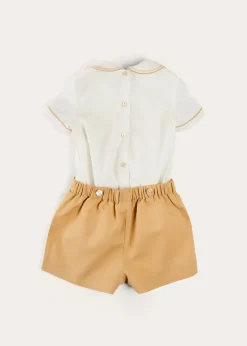 BOY Pepa London Hand Smocked Peter Pan Collar Short Sleeve Two Piece Set in Beige (18mths-6yrs)