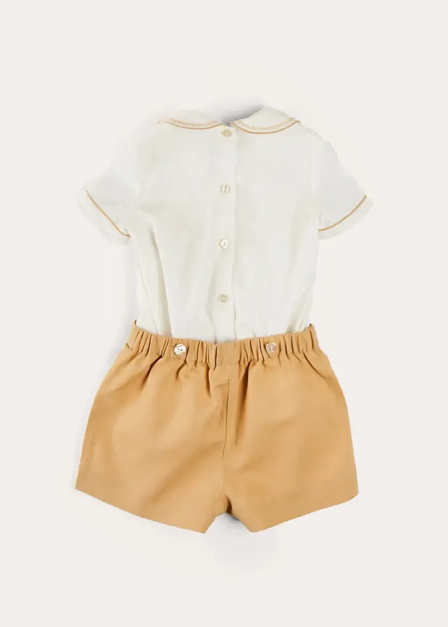 BOY Pepa London Hand Smocked Peter Pan Collar Short Sleeve Two Piece Set in Beige (18mths-6yrs)