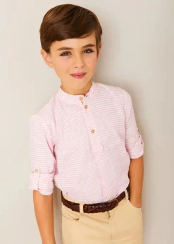 BOY Pepa London Hertford Striped Mao Collar Long Sleeve Shirt in Coral (12mths-10yrs) | Plain Five Pocket Chino Trousers in Camel (4-10yrs) | Safari Button Detail Cardigan in Green (4-10yrs) | Lace Up Plimsolls in Taupe (24-35EU) | Brown Striped Belt
