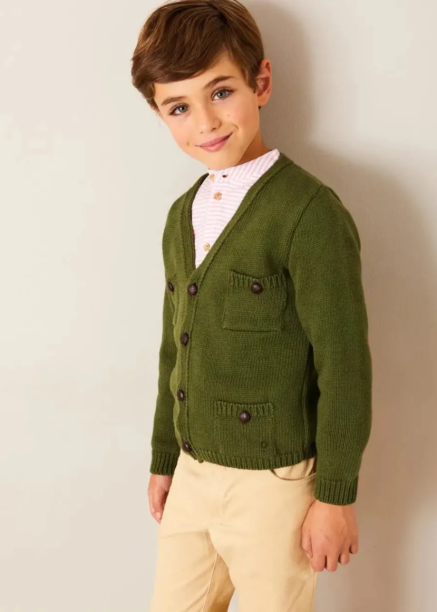 BOY Pepa London Hertford Striped Mao Collar Long Sleeve Shirt in Coral (12mths-10yrs) | Plain Five Pocket Chino Trousers in Camel (4-10yrs) | Safari Button Detail Cardigan in Green (4-10yrs) | Lace Up Plimsolls in Taupe (24-35EU) | Brown Striped Belt