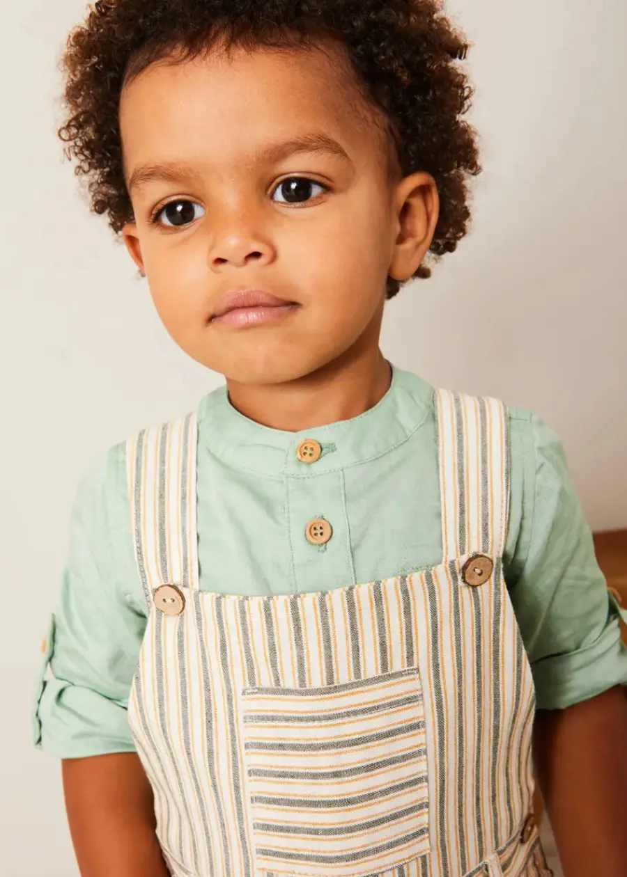 BOY Pepa London Holland Striped Pocket Front Dungarees in Green (18mths-4yrs) | Plain Mao Collar Long Sleeve Shirt in Green (12mths-10yrs) | Plain Cardigan in Cream (6mths-10yrs) | T-Bar Suede Baby Shoes in Beige (20-24EU) | Holland Striped Sun Hat in Green (XS-M) | Ribbed Short Socks in Beige (0mths-10yrs)