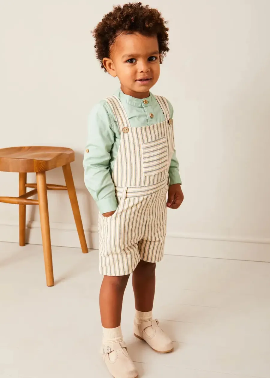 BOY Pepa London Holland Striped Pocket Front Dungarees in Green (18mths-4yrs) | Plain Mao Collar Long Sleeve Shirt in Green (12mths-10yrs) | Plain Cardigan in Cream (6mths-10yrs) | T-Bar Suede Baby Shoes in Beige (20-24EU) | Holland Striped Sun Hat in Green (XS-M) | Ribbed Short Socks in Beige (0mths-10yrs)