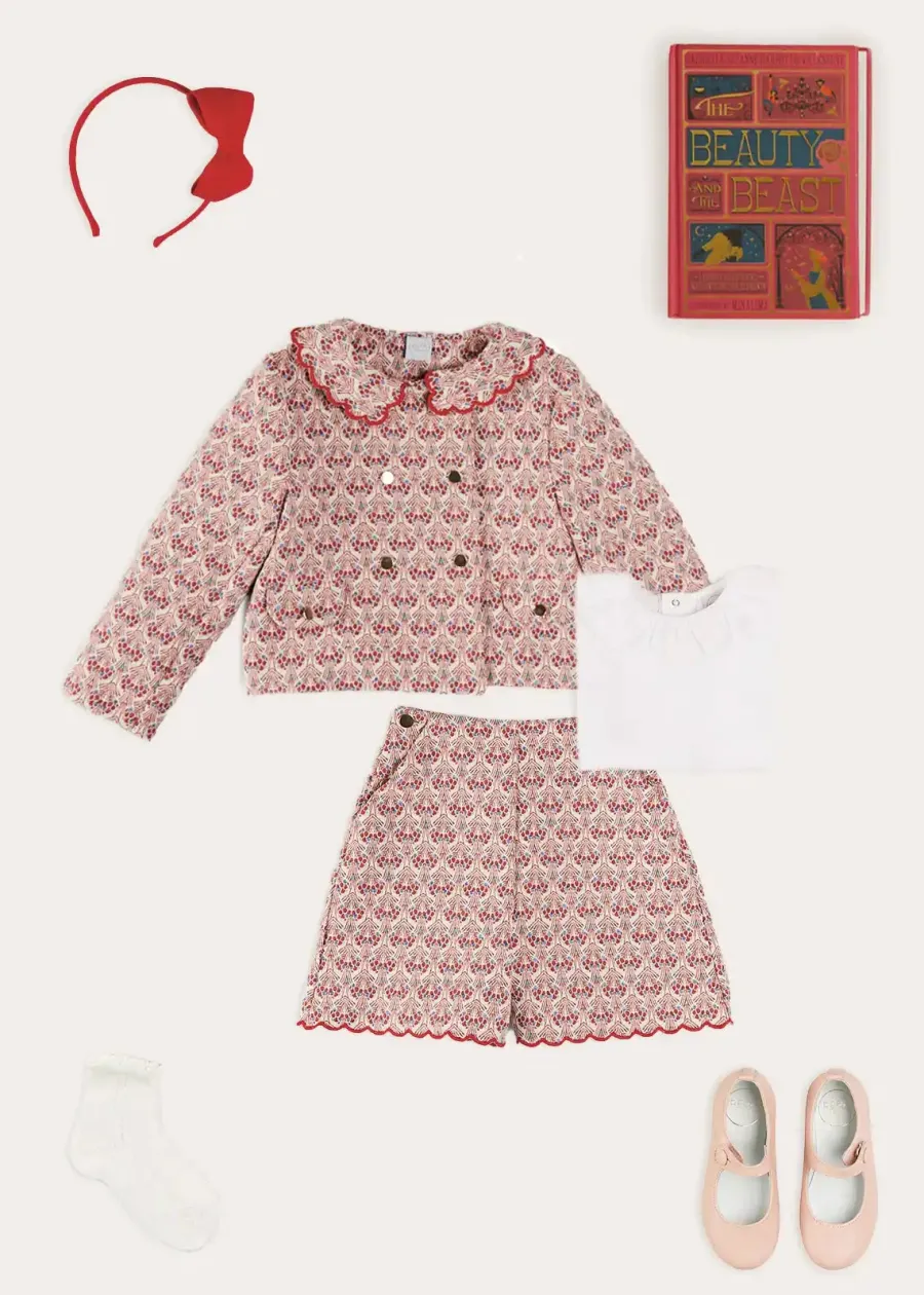 Pepa London Iris Jacquard Statement Collar Jacket in Red (4-12yrs) | Iris Jacquard Button Detail Shorts in Red (4-12yrs) | Piculina Trim Top in White (2-10yrs) | Leather Mary Jane Shoes in Pink (24-34EU) | Plain Linen Hairband in Red | Celebration Short Socks with Ruffle- Cream (0mths-10yrs) | The Beauty & The Beast Book