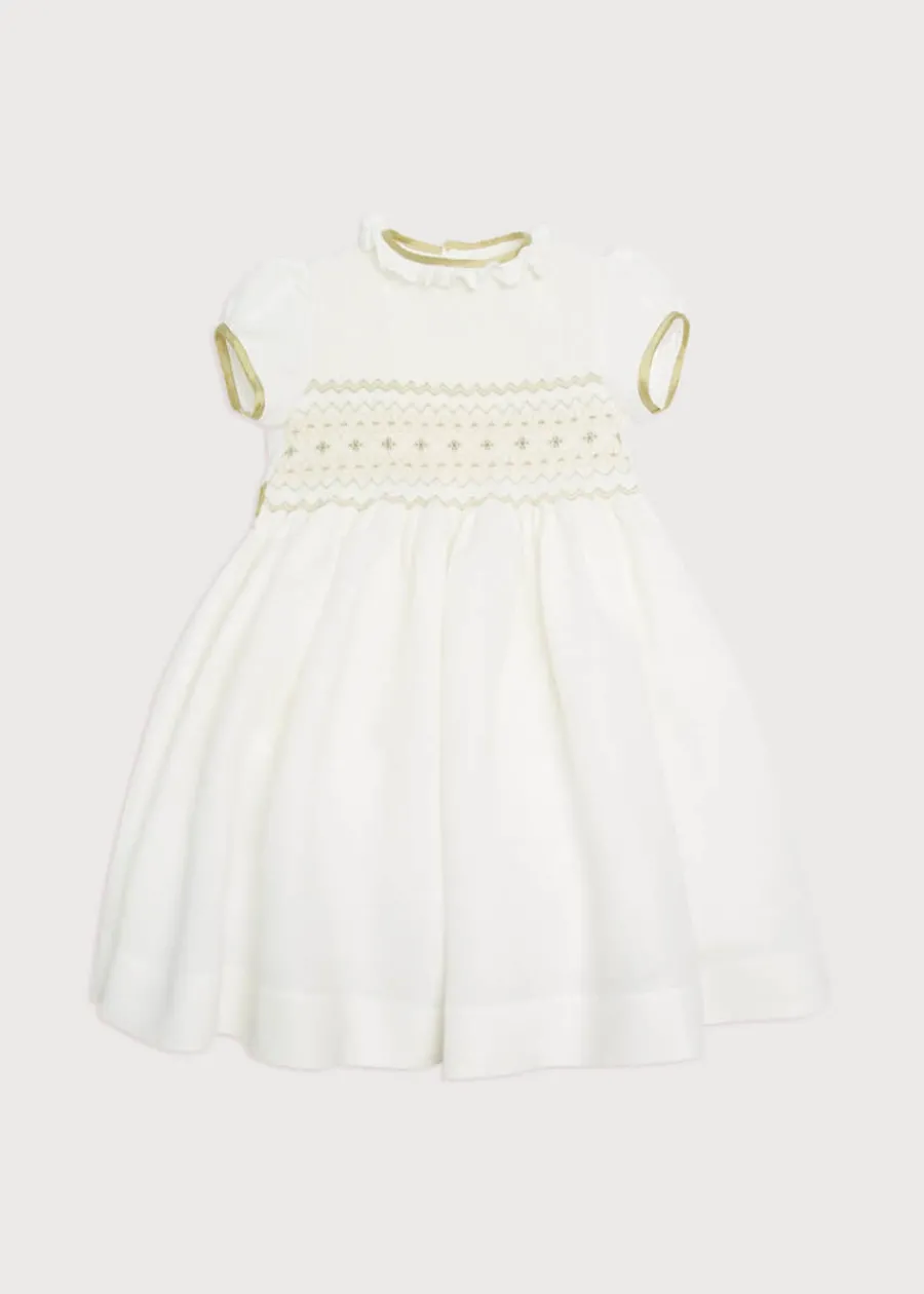 Pepa London Ivory Hand Smocked Occasion Dress with Green Details (6mths-8yrs)
