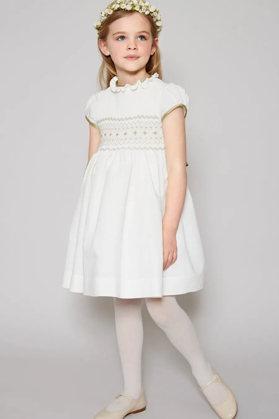Pepa London Ivory Hand Smocked Occasion Dress with Green Details (6mths-8yrs)