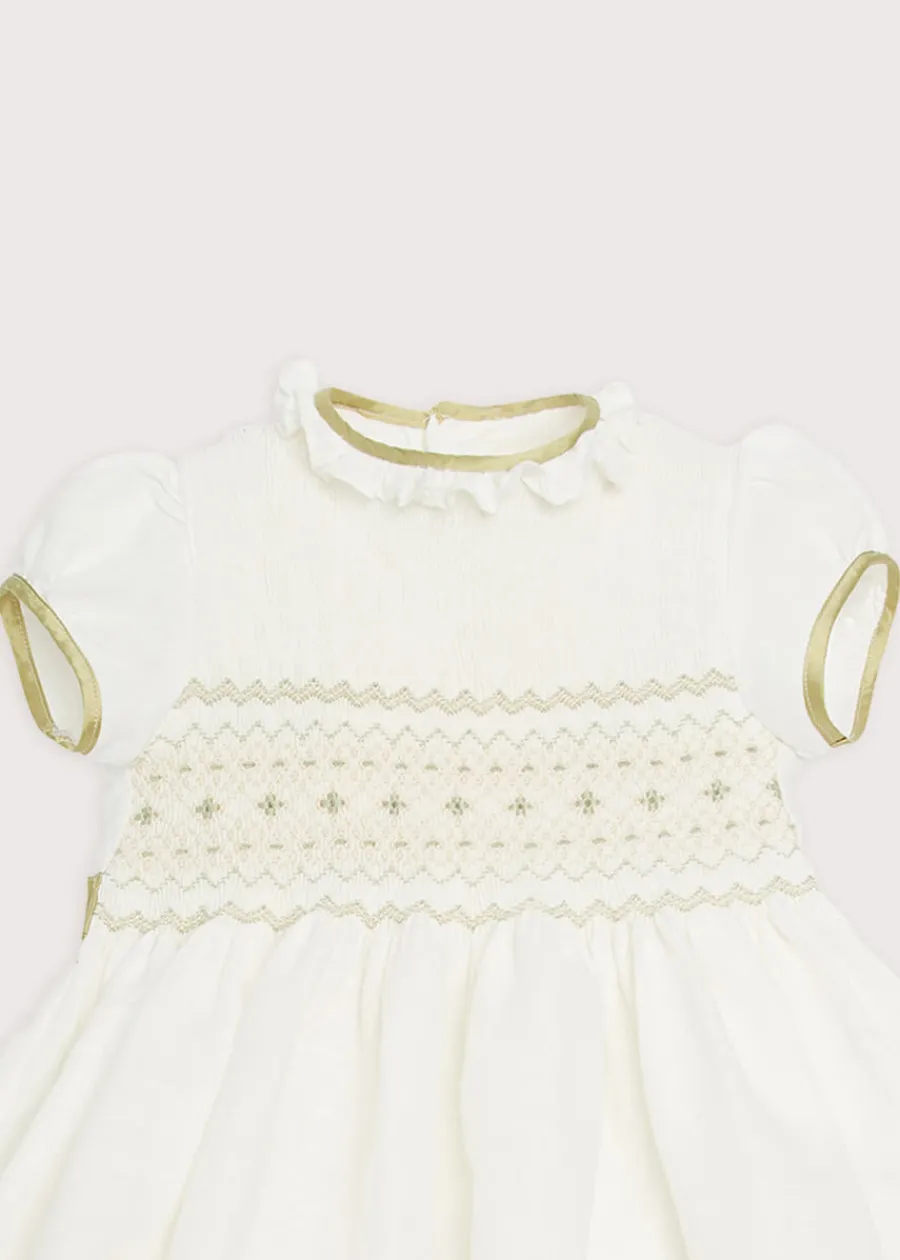 Pepa London Ivory Hand Smocked Occasion Dress with Green Details (6mths-8yrs)