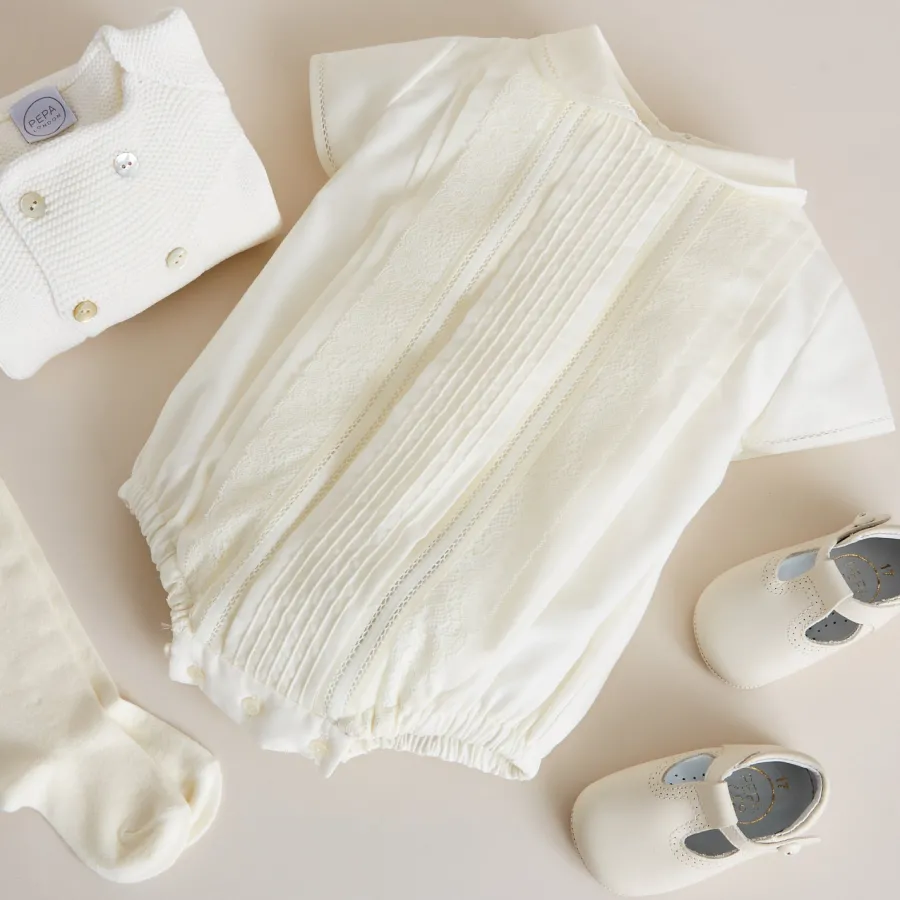 BOY Pepa London Ivory Panelled Christening Romper (3mths-2yrs)