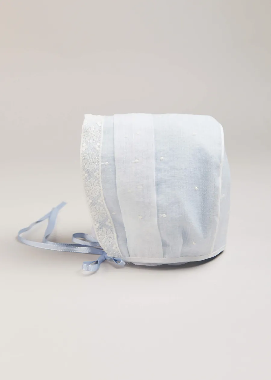 BOY Pepa London Lace Trim Embroidered Bonnet in Pale Blue (3mths-2yrs)