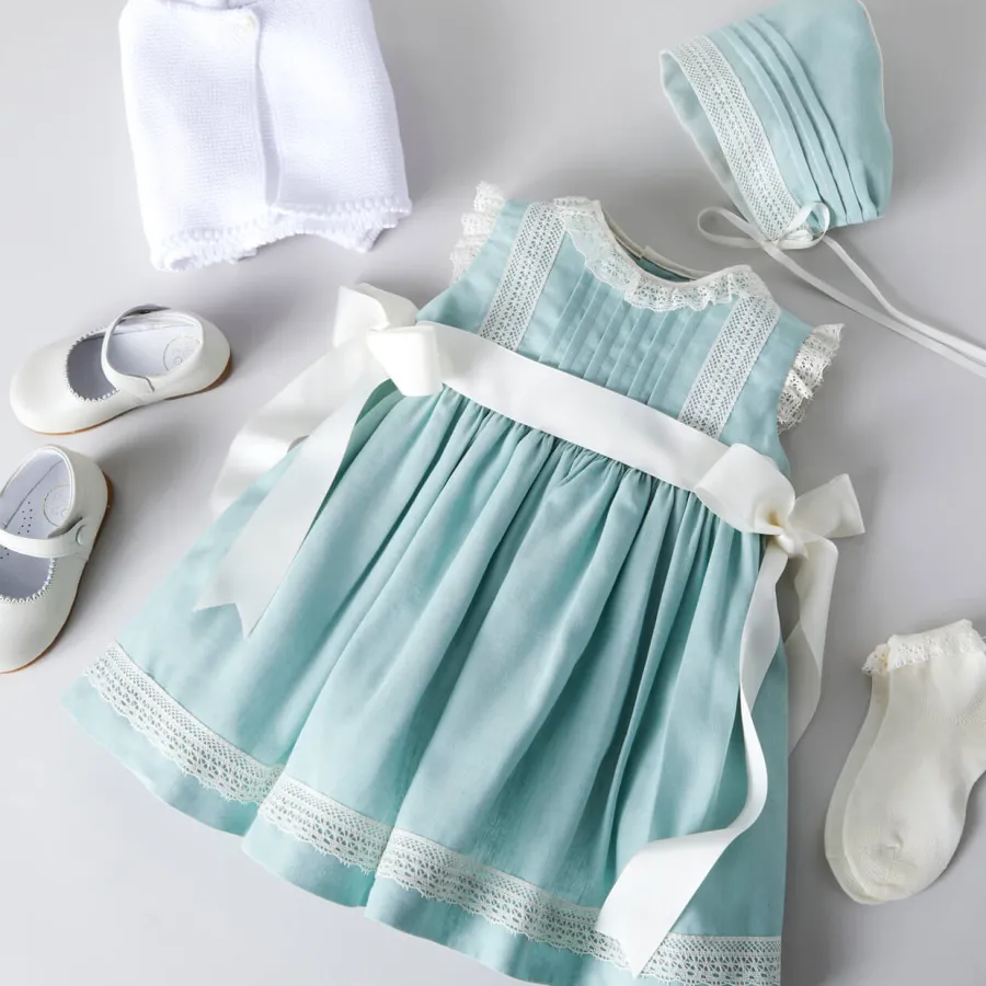 Pepa London Lace Trim Ivory Bow Dress in Teal (6mths-5yrs)
