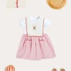Pepa London Lawrence Striped Boat Embroidered Scallop Detail Pinafore Skirt in Red (18mths-4yrs) | Cherry Motif Crochet Cardigan in Beige (2-10yrs) | Piculina Trim Top in White (2-10yrs) | Open Toe Leather Sandals in Brown (17-30EU)