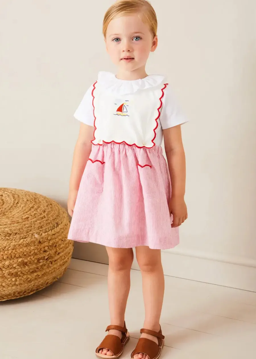 Pepa London Lawrence Striped Boat Embroidered Scallop Detail Pinafore Skirt in Red (18mths-4yrs)