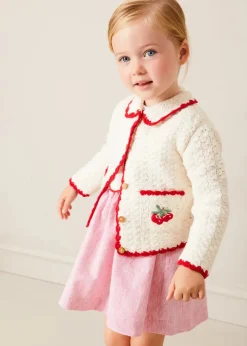 Pepa London Lawrence Striped Boat Embroidered Scallop Detail Pinafore Skirt in Red (18mths-4yrs) | Cherry Motif Crochet Cardigan in Beige (2-10yrs) | Piculina Trim Top in White (2-10yrs) | Open Toe Leather Sandals in Brown (17-30EU)