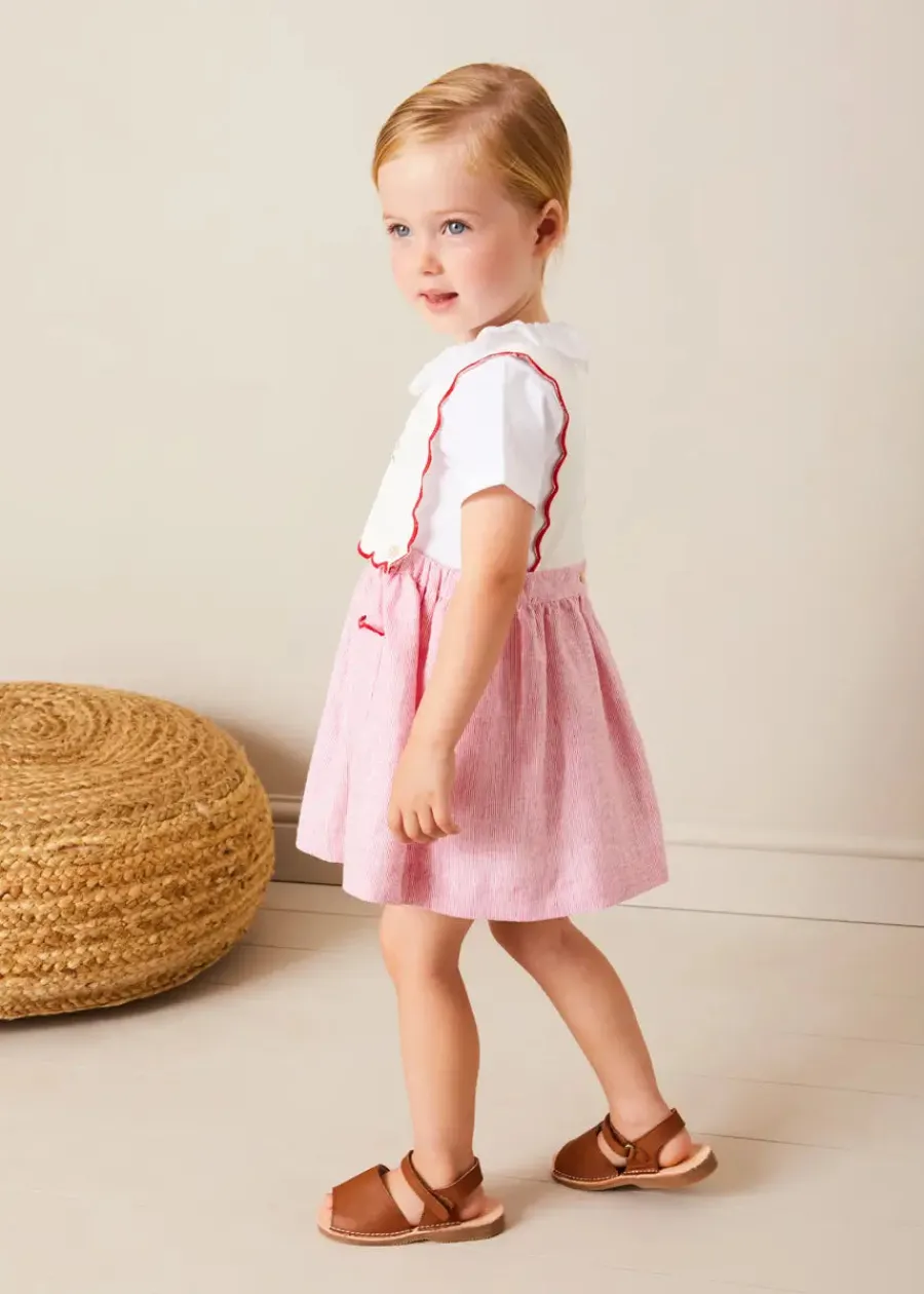 Pepa London Lawrence Striped Boat Embroidered Scallop Detail Pinafore Skirt in Red (18mths-4yrs) | Cherry Motif Crochet Cardigan in Beige (2-10yrs) | Piculina Trim Top in White (2-10yrs) | Open Toe Leather Sandals in Brown (17-30EU)