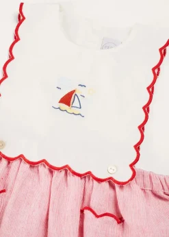 Pepa London Lawrence Striped Boat Embroidered Scallop Detail Pinafore Skirt in Red (18mths-4yrs)