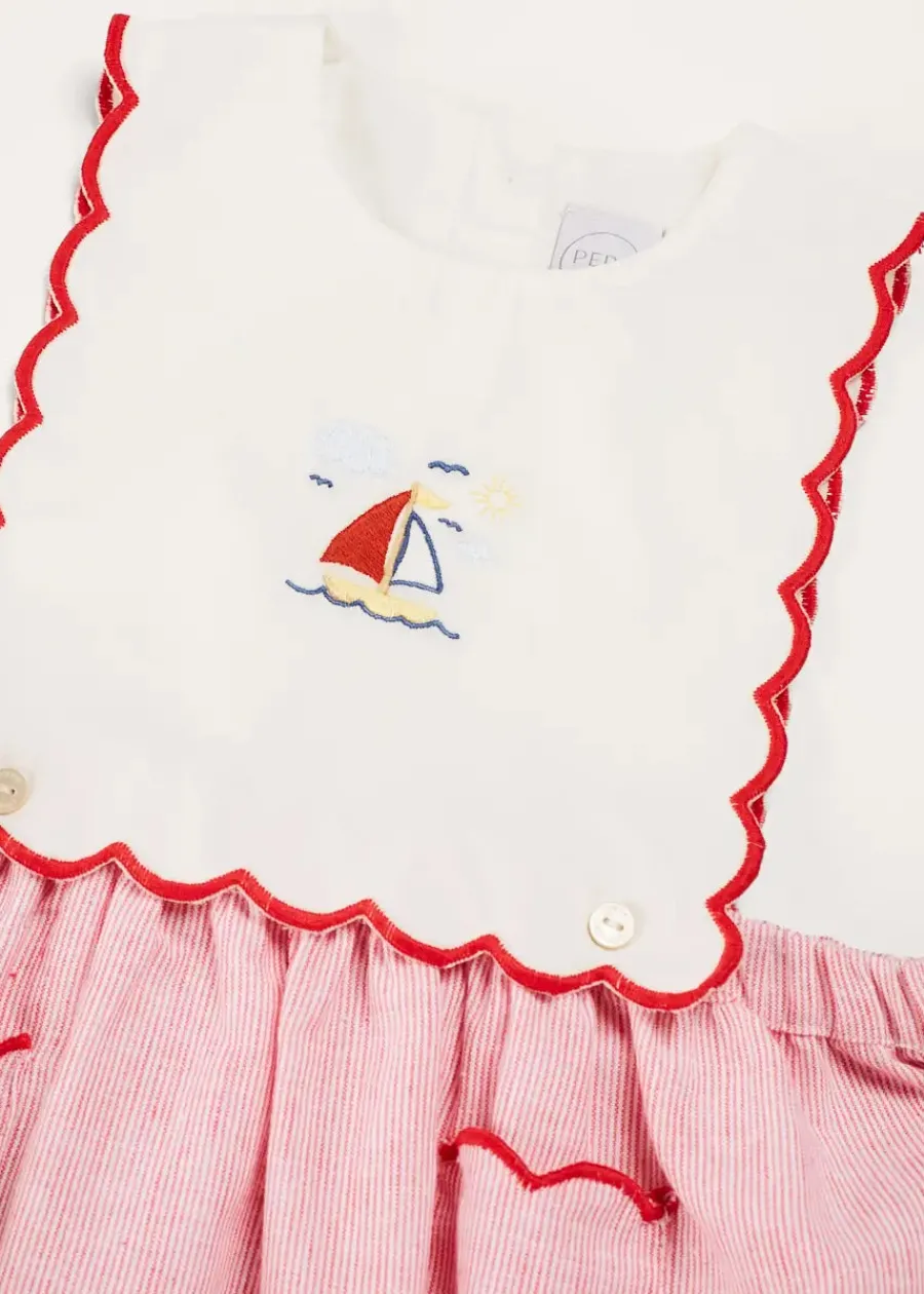 Pepa London Lawrence Striped Boat Embroidered Scallop Detail Pinafore Skirt in Red (18mths-4yrs)
