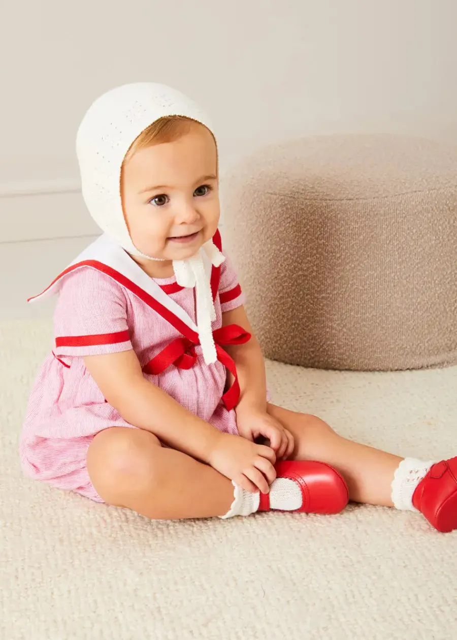 Pepa London Lawrence Striped Mariner Collar Short Sleeve Romper in Red (6mths-3yrs)