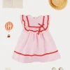 Pepa London Lawrence Striped Ruffle Bib Sleeveless Dress in Red (12mths-8yrs) | Plain Cardigan in Cream (6mths-10yrs) | Mary Jane Leather Baby Shoes in Ivory (20-24EU) | Openwork short socks White (0mths-8yrs)