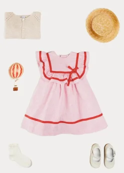 Pepa London Lawrence Striped Ruffle Bib Sleeveless Dress in Red (12mths-8yrs) | Plain Cardigan in Cream (6mths-10yrs) | Mary Jane Leather Baby Shoes in Ivory (20-24EU) | Openwork short socks White (0mths-8yrs)
